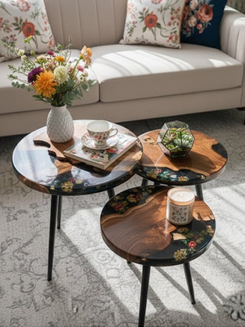 Wewood Brown Wood Epoxy Nesting Side Table¿ Set of 3