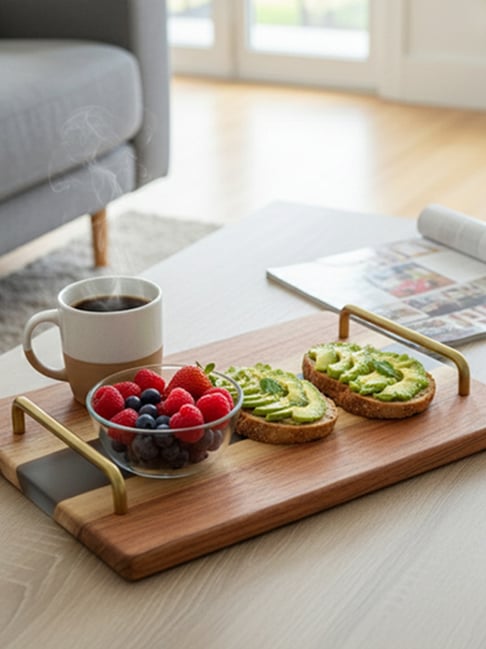 Wewood Brown Wood Handcrafted Tray with Gold Handles