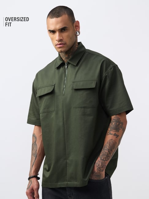 The Souled Store Zipper Shirt Muted Olive Oversized Shirt-picture-32