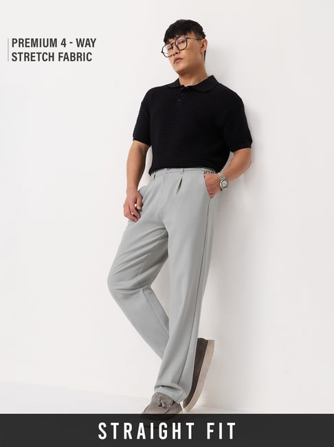 The Souled Store Straight Pleated Pants Stone Grey Men Super Flex