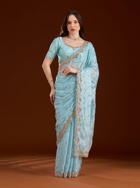 Koskii Sky Blue Embellished Saree-picture-12