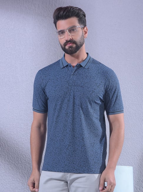 Crimsoune Club Navy Blue Floral Printed Polo Neck T-Shirt-picture-25