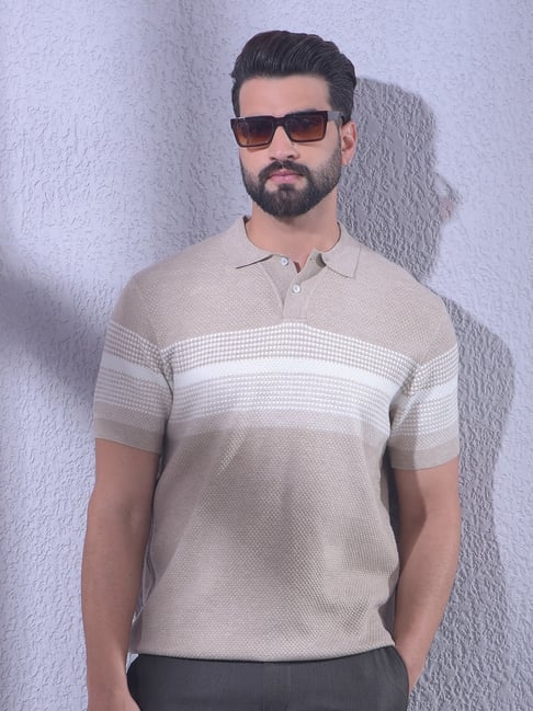 Crimsoune Club Beige Horizontal Striped Knitted Slim Fit T-Shirt-picture-18