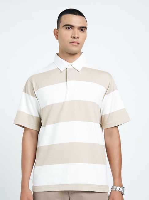 Peregrine By Pantaloons Toasted Almond Relaxed Fit Striped Polo T-Shirt-picture-18