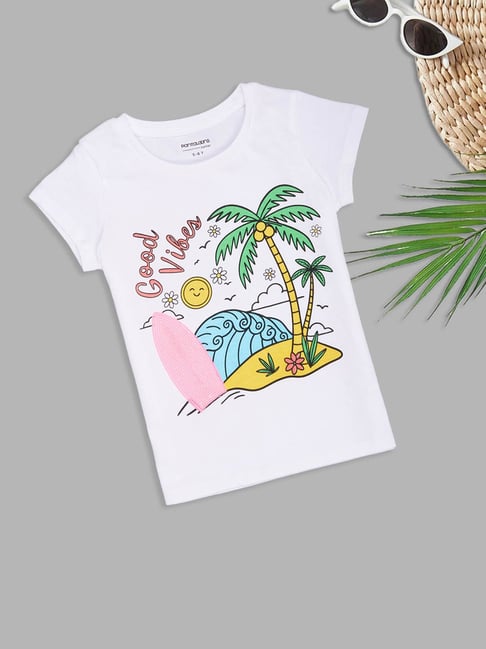 Pantaloons Junior Girls Bone White Printed T-Shirt