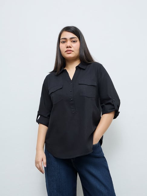 Gia by Westside Black Solid Cotton-Blend Blouse