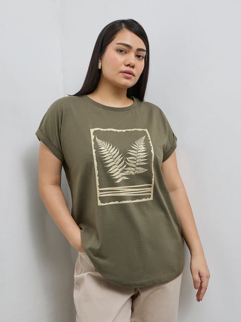 Gia by Westside Olive Leaf Pattern Cotton T-Shirt
