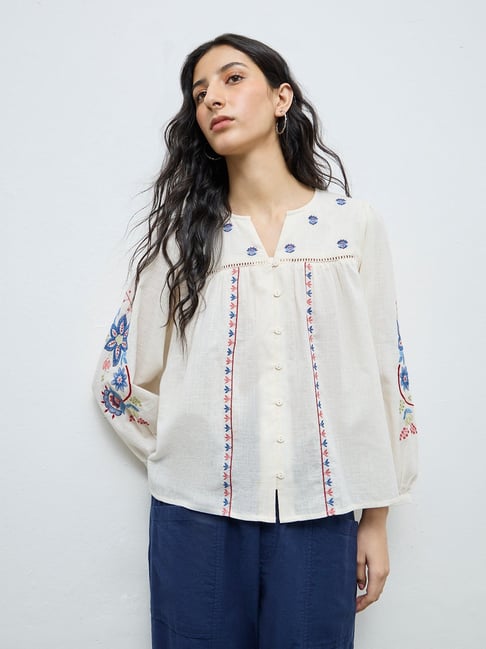 Bombay Paisley by Westside Off-White Floral Embroidered Cotton Blouse