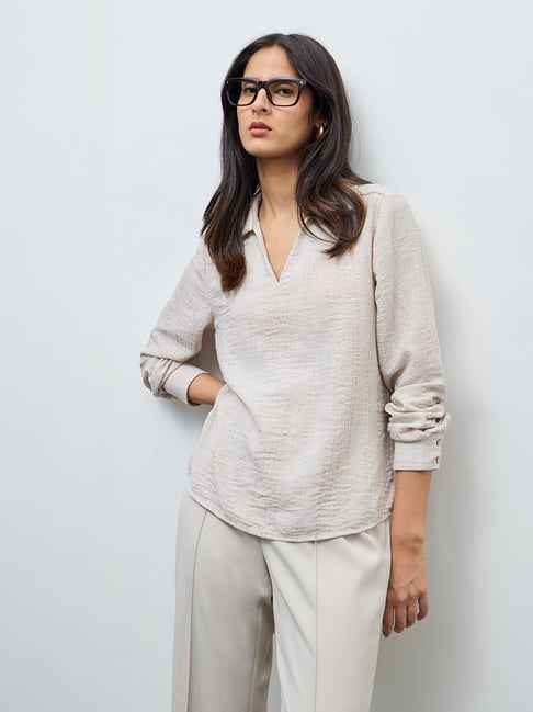 Wardrobe by Westside Beige Self-Striped Blouse