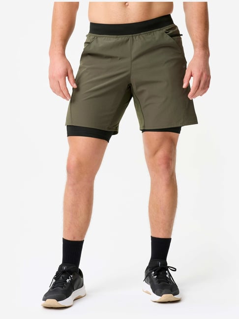 Domyos - Men Gym Shorts With Compression Tights, Quick Dry And Zippered Pocket - Olive