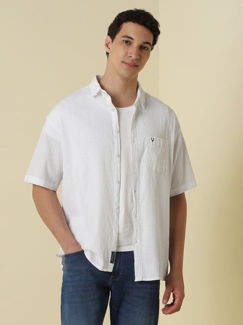 Allen Solly White Solid Relaxed Fit Short Sleeves Shirt-picture-17