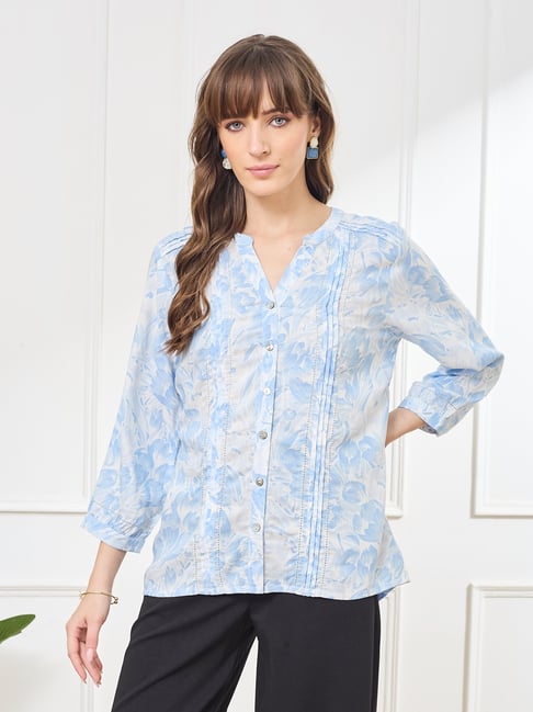 Latin Quarters Blue Viscose Floral Print Top-picture-26