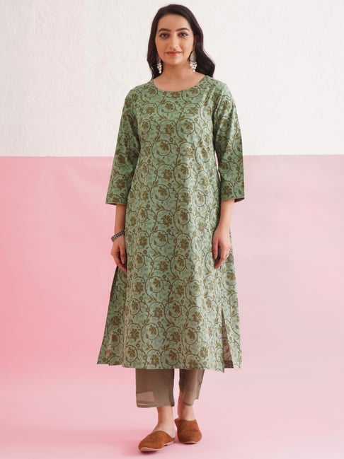 Jaypore Green Aaravya Block Printed Regular Fit Kurta-picture-34