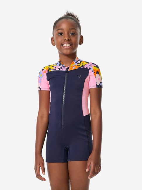 Decathlon - Girls Swimming Shorty Full-Body Swimsuit, Una Lys Navy
