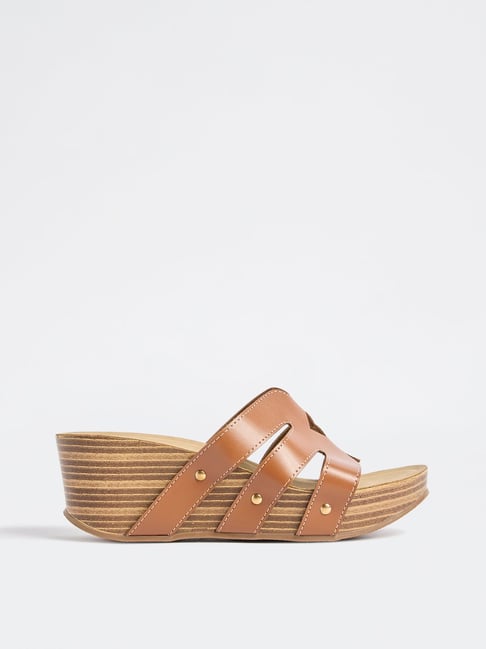 LUNA BLU by Westside Tan Cut-Out Detailed Wedge-Heel Sandals
