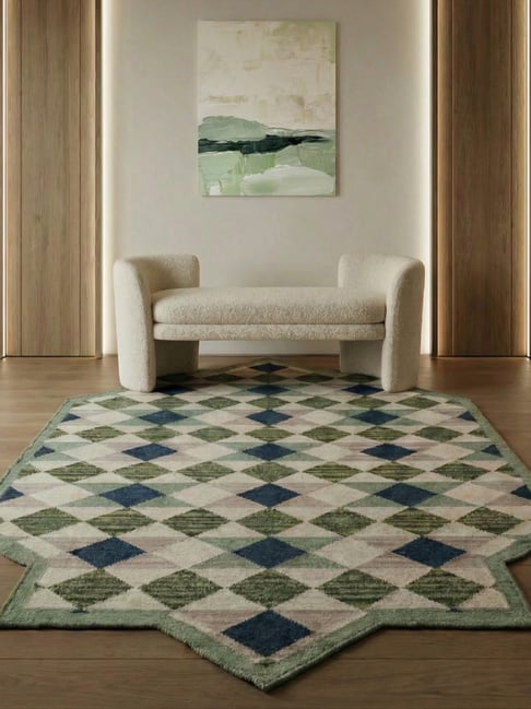 ASTERLANE Deep Navy & Treetop Wool Soft Geometric Carpet (5 x 8 ft)