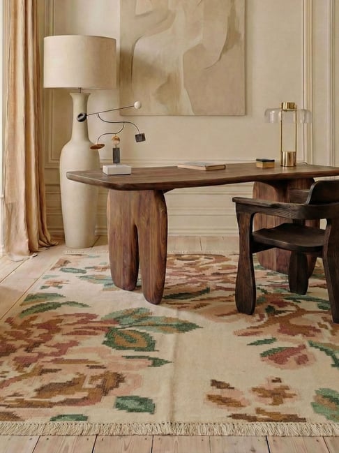 ASTERLANE Bright Yellow & Ashwood Wool Soft Floral Carpet (5 x 8 ft)