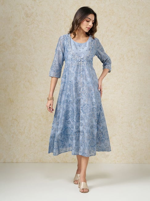 Rangmanch By Pantaloons Horizon Blue Regular Fit Printed Kurta With Camisole-picture-32