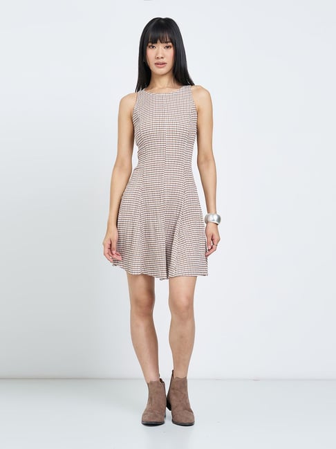 Honey By Pantaloons Snow White & Brown Slim Fit Checked Dress Honey By Pantaloons Snow White & Brown Slim Fit Checked Dress
