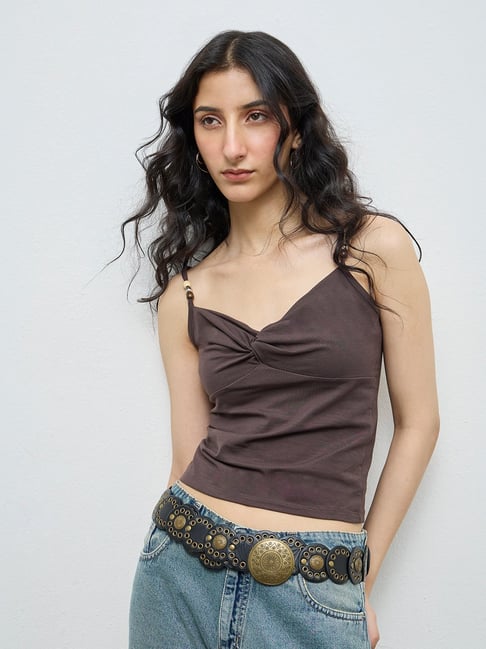 Nuon by Westside Brown Knot-Detail Cotton-Blend Top