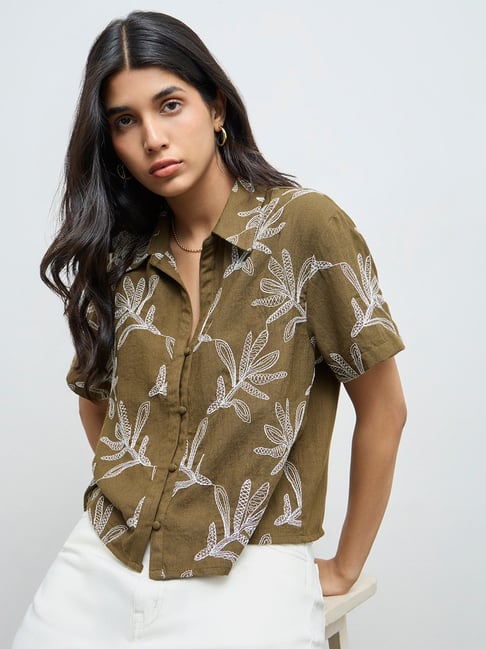 LOV by Westside Olive Foliage Embroidered Blouse