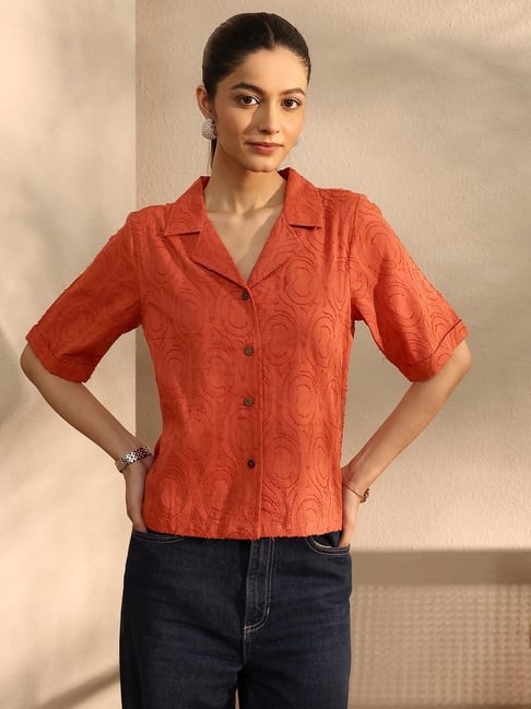 Libas Orange Cotton Woven Design Shirt-picture-21