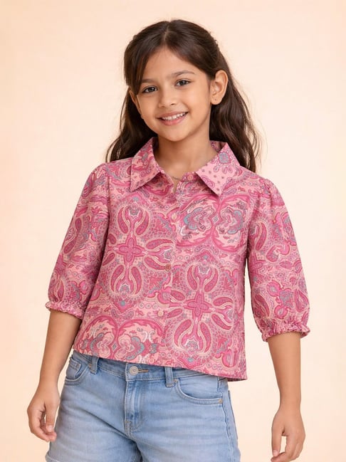 StyloBug Girls Pink Regular Fit Floral Print Top