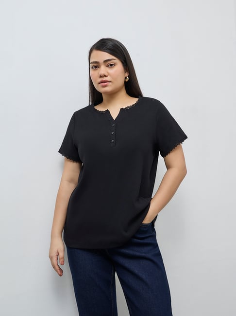 Gia by Westside Black Ribbed-Textured Cotton-Blend Top