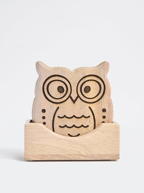 Westside Home Beige Wooden Owl Coasters (Set of 4)