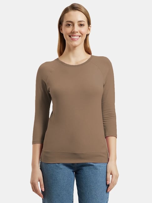 Jockey AW14 Taupe Grey Cotton Solid T-Shirt