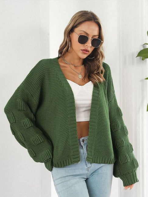Oh Rare Green Woven Design Regular Fit Front-Open Cardigan-picture-41