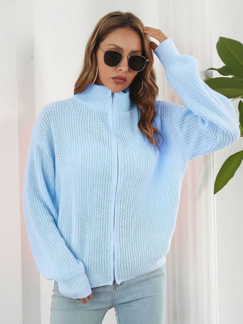 Oh Rare Blue Woven Design Regular Fit Ribbed Cardigan-picture-31