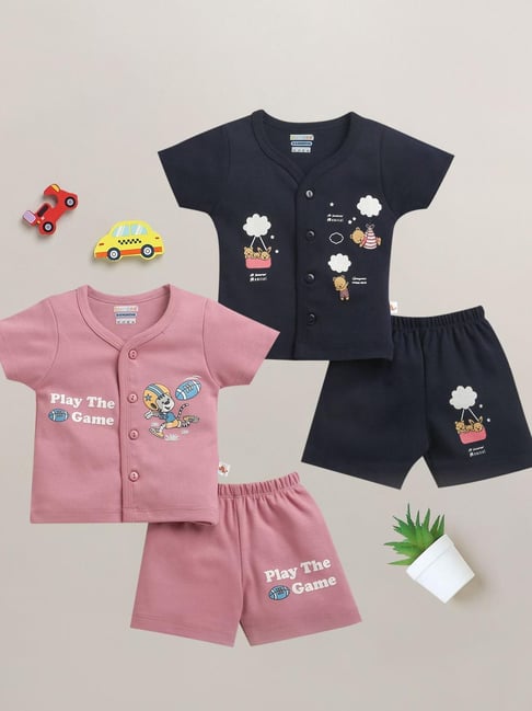 Bumzee Boys Navy and Pink Cotton Regular Fit Printed Clothing Set