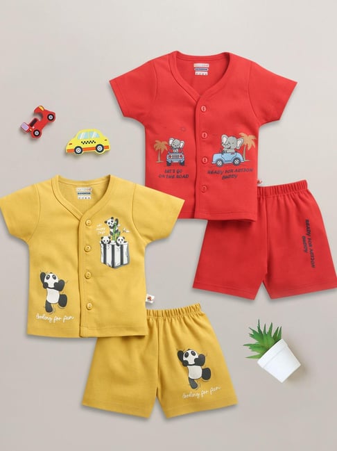 Bumzee Boys Red and Mustard Cotton Regular Fit Printed Clothing Set