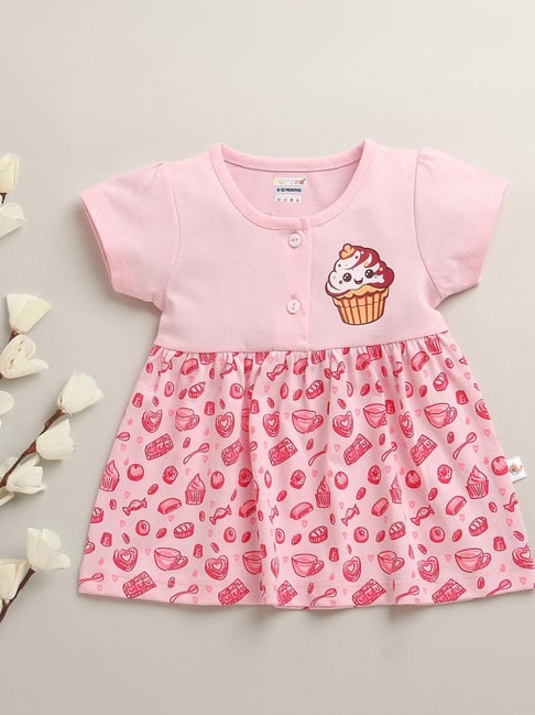 Bumzee Girls Pink Cotton Regular Fit Printed Dress