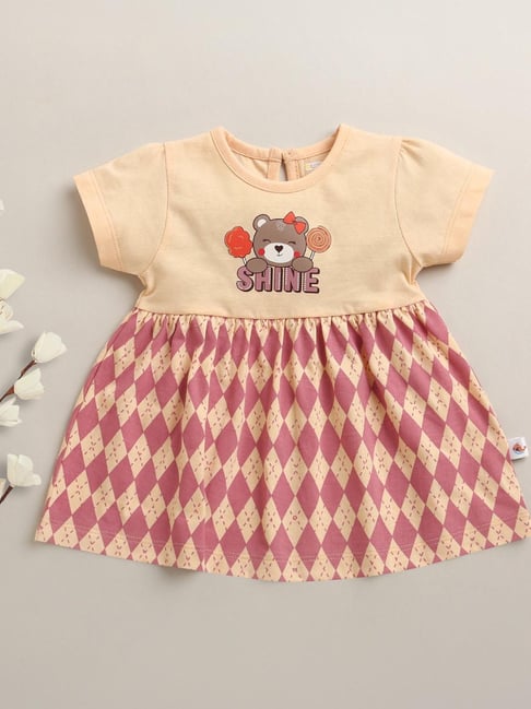 Bumzee Girls Peach Cotton Regular Fit Printed Dress