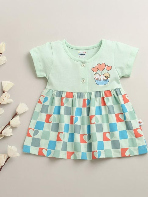 Bumzee Girls Mint Green Cotton Regular Fit Printed Dress