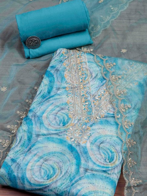 Biba Blue Organza Printed Unstitched Dress Material