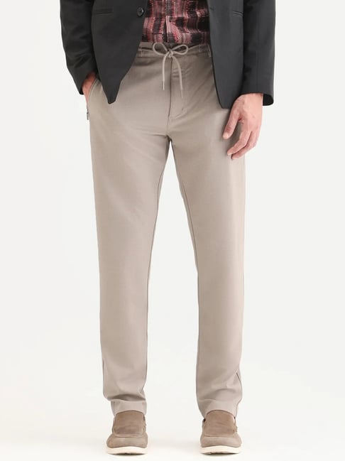 Rare Rabbit Beige Polyester Regular Fit Solid Trousers