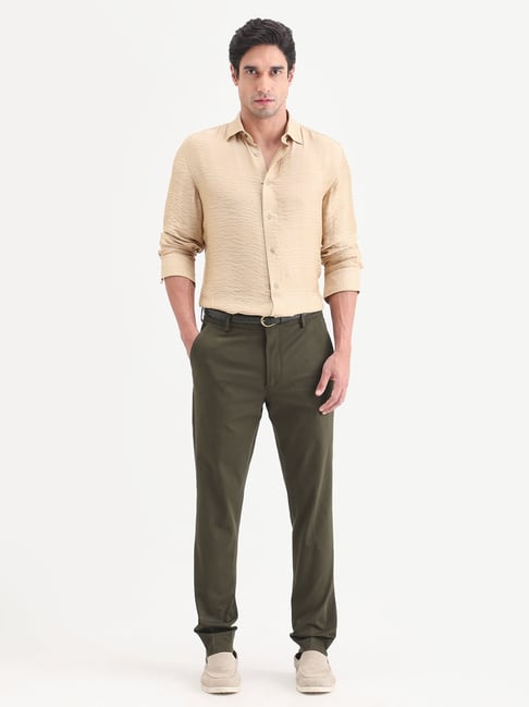 Rare Rabbit Olive Polyester Regular Fit Solid Trousers