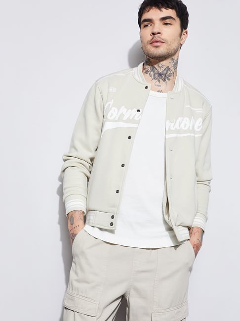 Fame Forever By Lifestyle Beige Cotton Regular Fit Printed Bomber Jacket