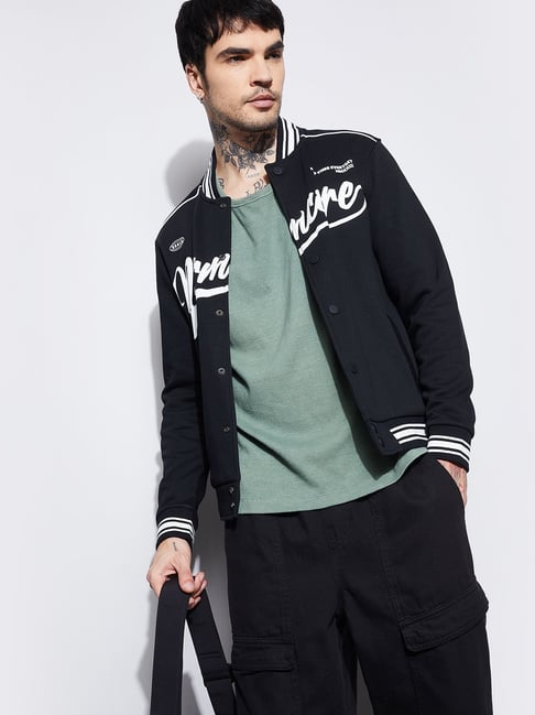 Fame Forever By Lifestyle Black Cotton Regular Fit Printed Bomber Jacket