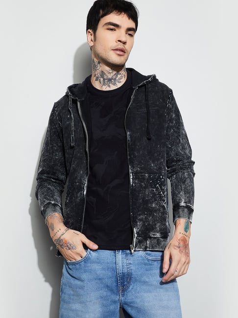 Forca By Lifestyle Black Cotton Regular Fit Printed Hooded Jacket