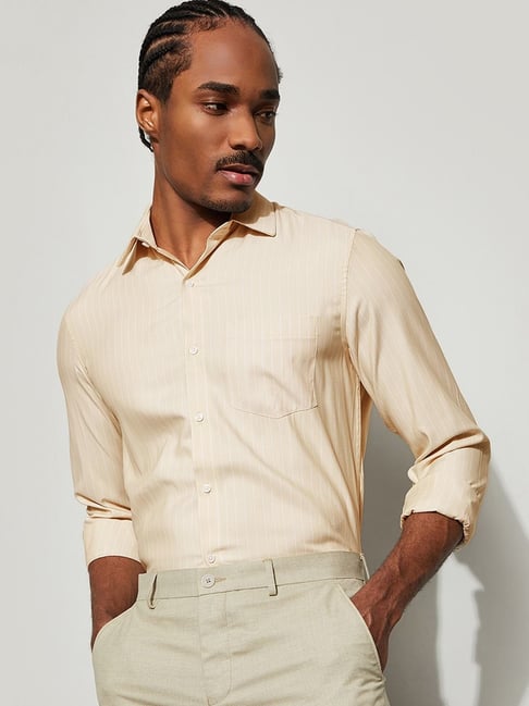 Code By Lifestyle Beige Cotton Slim Fit Striped Shirt