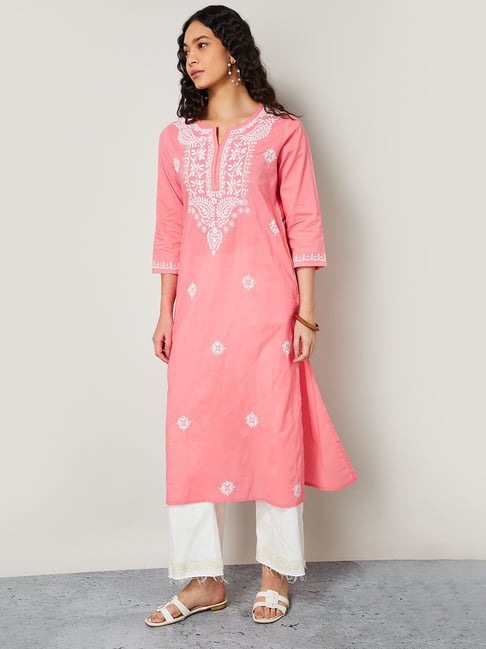 Melange By Lifestyle Pink Cotton Regular Fit Embroidered Kurta-picture-20