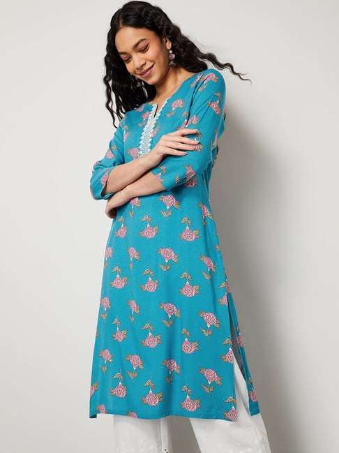 Melange By Lifestyle Blue Regular Fit Floral Print Kurta-picture-27