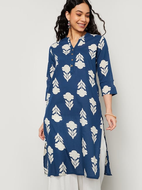 Melange By Lifestyle Blue Cotton Regular Fit Printed Kurta-picture-22