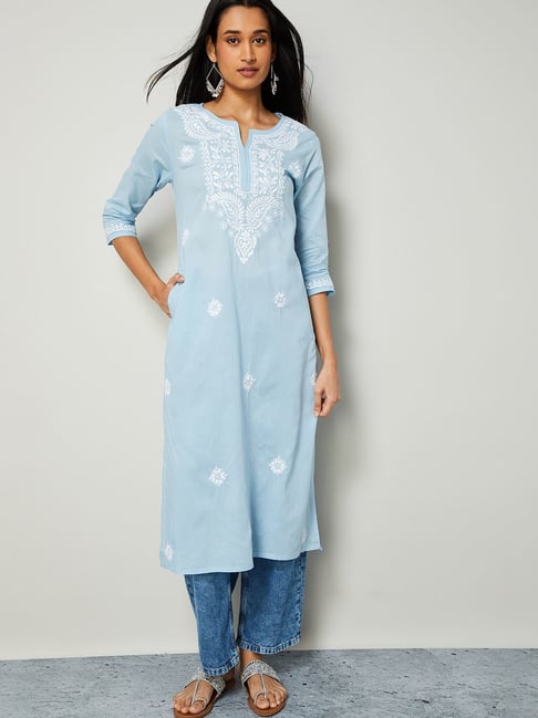 Melange By Lifestyle Blue Cotton Regular Fit Embroidered Kurta-picture-19
