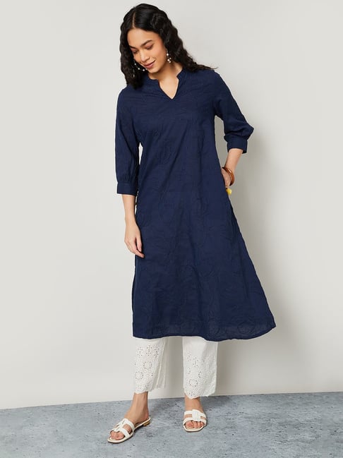 Melange By Lifestyle Blue Cotton Regular Fit Embroidered Kurta-picture-20