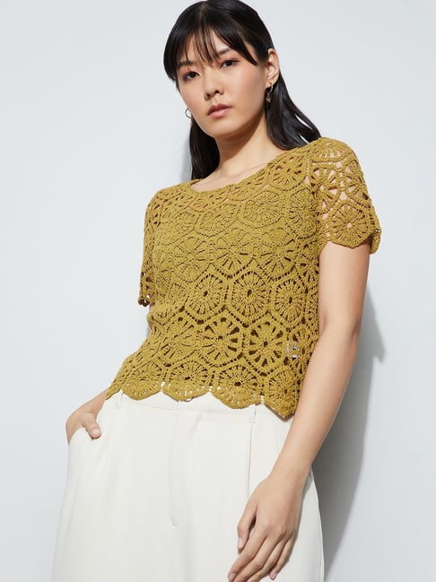 Code By Lifestyle Lime Cotton Regular Fit Self Pattern Top With Camisole